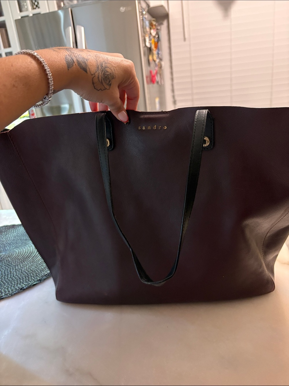 Authentic Sandro Leather Tote Bag in Deep Burgundy with Black Straps